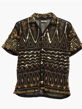 Men's Black Sequin Button-Down Shirt with Gold Embroidery Bode